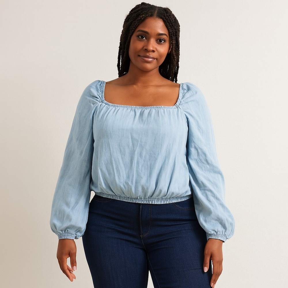 Cloth & Stone Light Blue Tencel Lyocell Peasant Blouse Size‎ M Long Sleeve Boho
